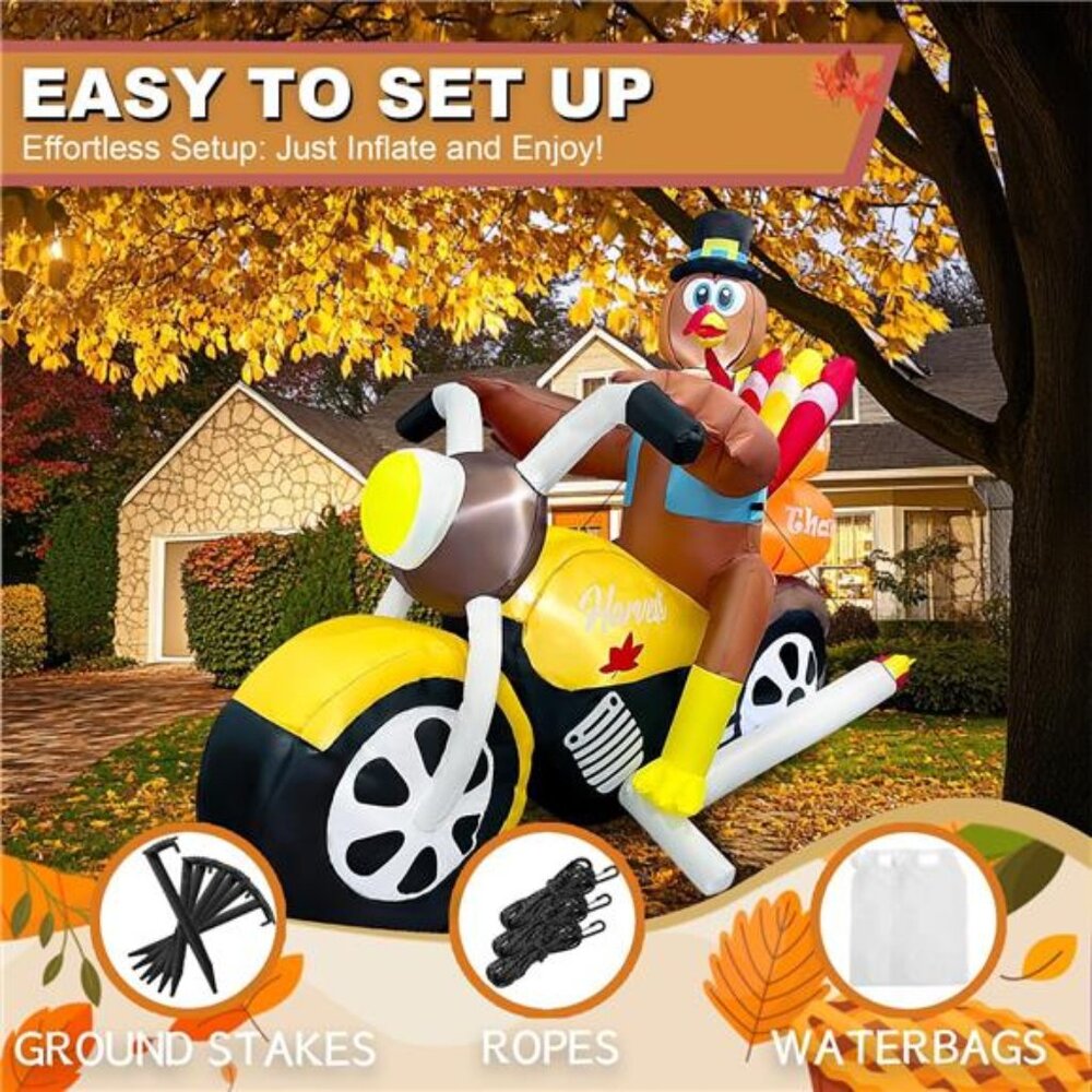 7FT Length Thanksgiving Inflatable Turkey Riding Motorcycle Decorations LED - Picture 6 of 7